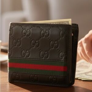 Gucci Embossed Black Wallet with Red and Green Accents